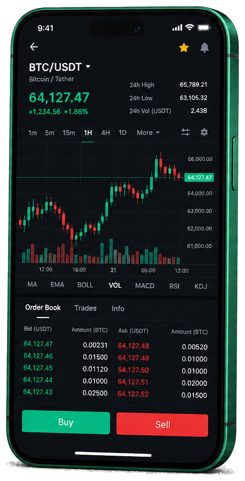 Interfaz móvil de Nexo Progreso — gráfica en tiempo real BTC/USDT, libro de órdenes y panel operativo